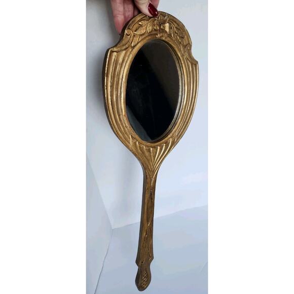 Vintage Hollywood Regency Carved & Gold Gilded Handheld Wood Vanity Mirror - Picture 1 of 12